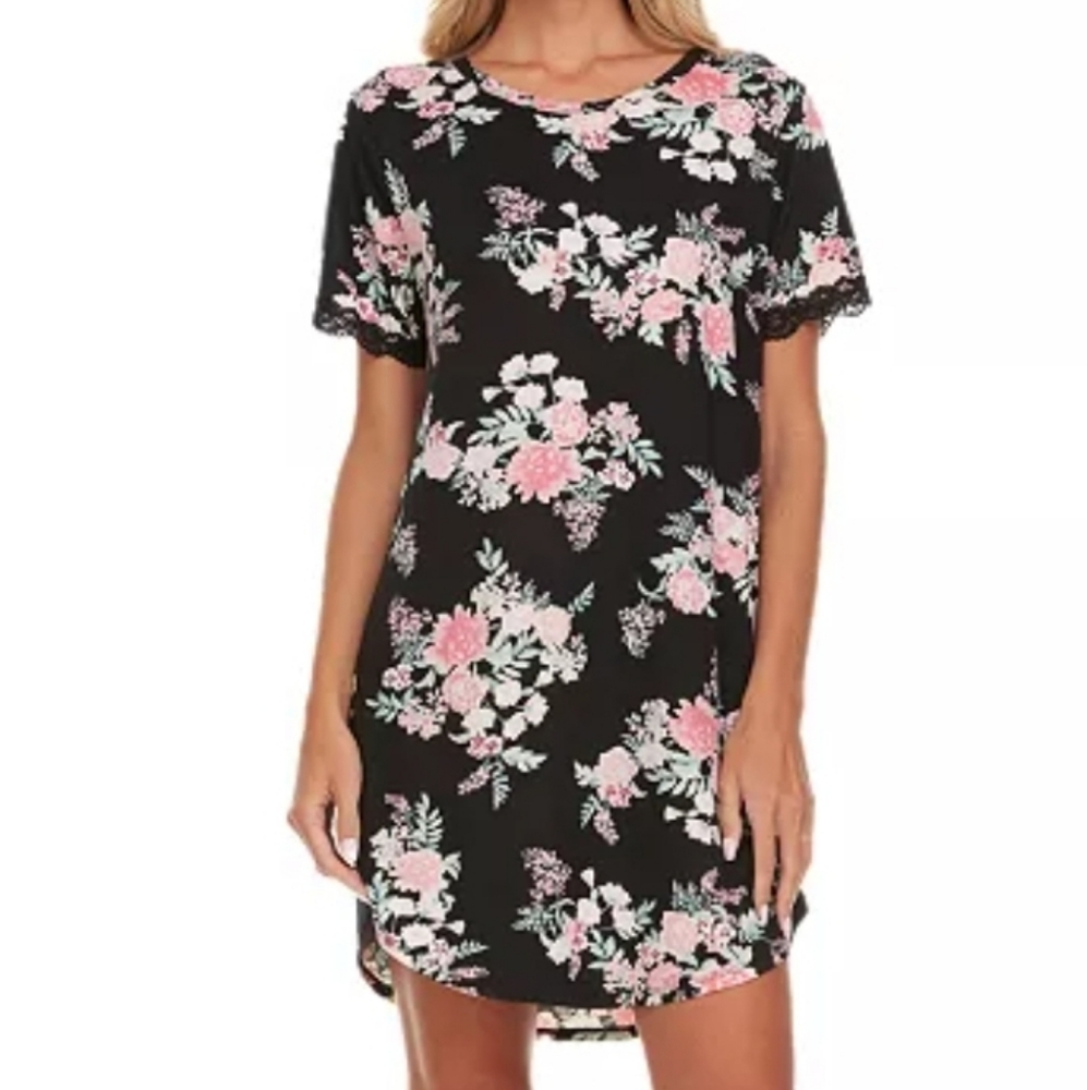 Flora by Nikrooz Kathleen Short Sleeve Sleep Shirt Gown Floral Pink Black Medium